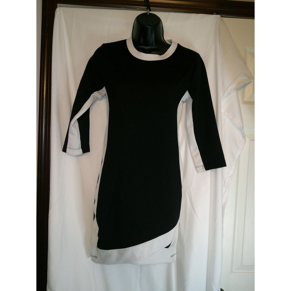 Feathers Monochrome Long Sleeve Bodycon Dress Black White Contrast Trim Medium‎